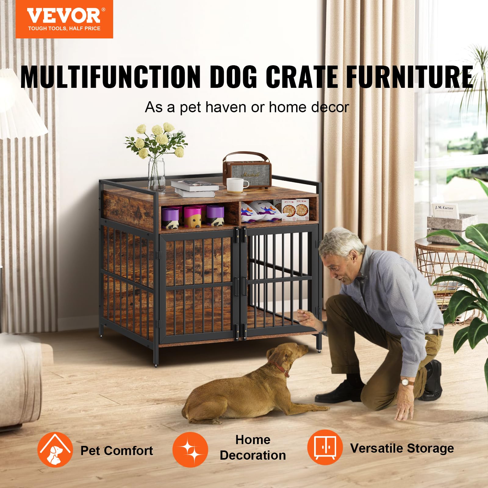 VEVOR Furniture Style Dog Crate with Storage, 41 inch Dog Crate Furniture Large Breed with Double Doors, Wooden Dog Cage for Lar
